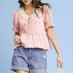 Umgee Short Sleeve Gingham Lace Peplum Blouse sz Small